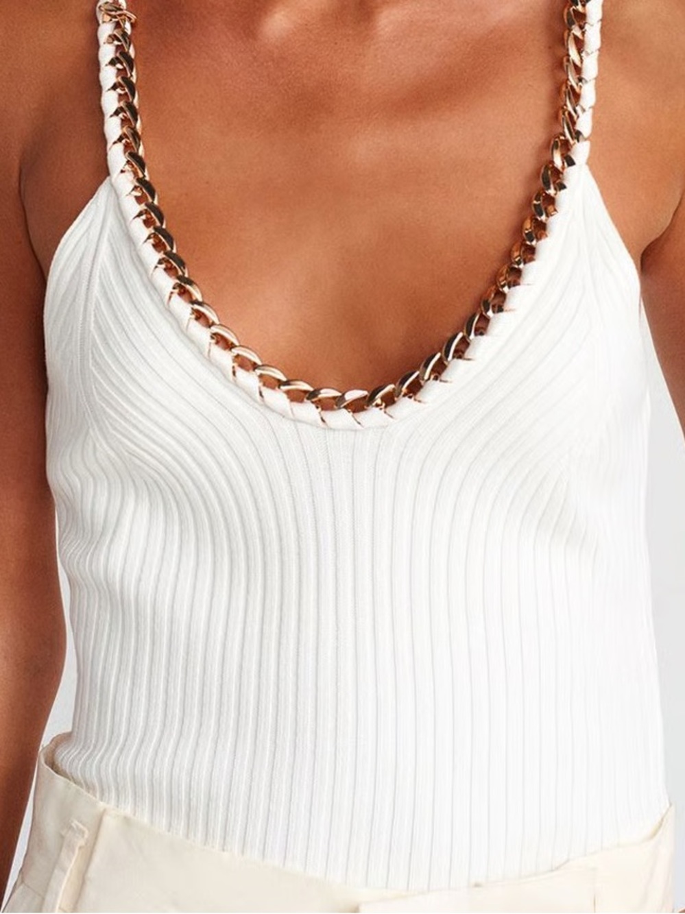 Cream Ribbed Tank with Gold Chain Accent